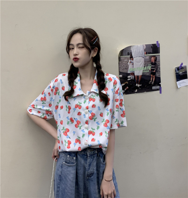 [MY486] 수입여성의류 40대미시옷쇼핑몰 진주 꽃잎 단추 반팔셔츠w-girlz