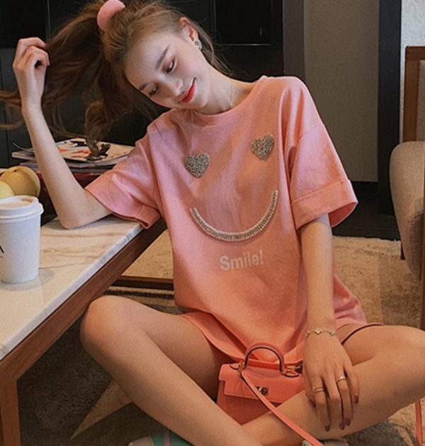 [AP1429] 수입여성의류 여성옷쇼핑몰 큐빅 핑크 티셔츠w-girlz
