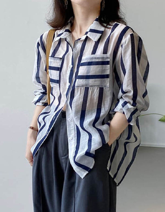 21AUG218 30대여성의류 줄무늬 긴팔 스트라이프 투포켓 여성셔츠w-girlz