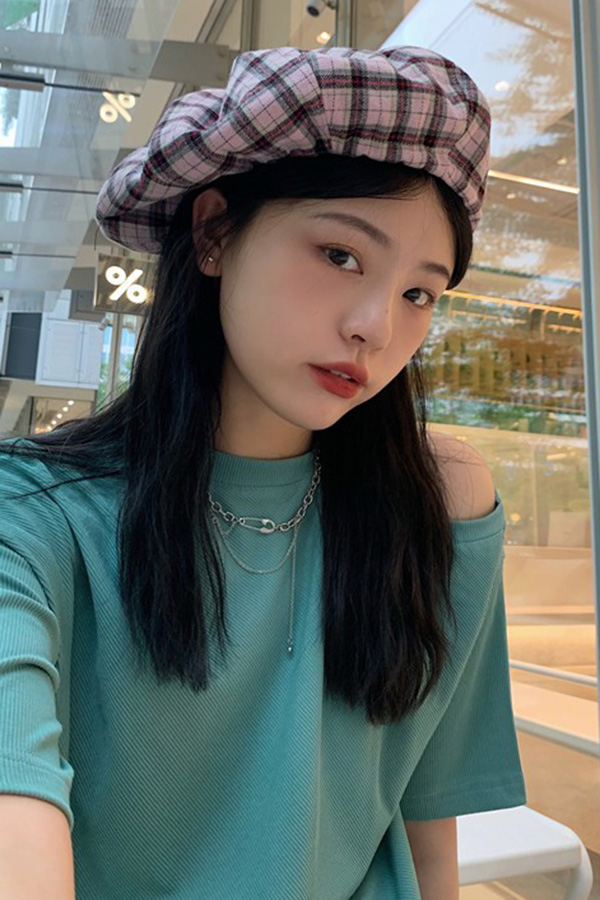 21AUG463 수입보세 핑키 체크 심플 오버핏 여성 베레모w-girlz