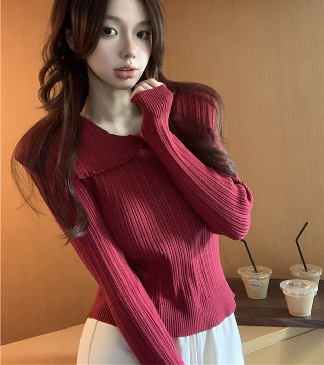 TW1007414 미시쇼핑몰 가을 클래식 카라 플리츠 여성 니트 티셔츠w-girlz
